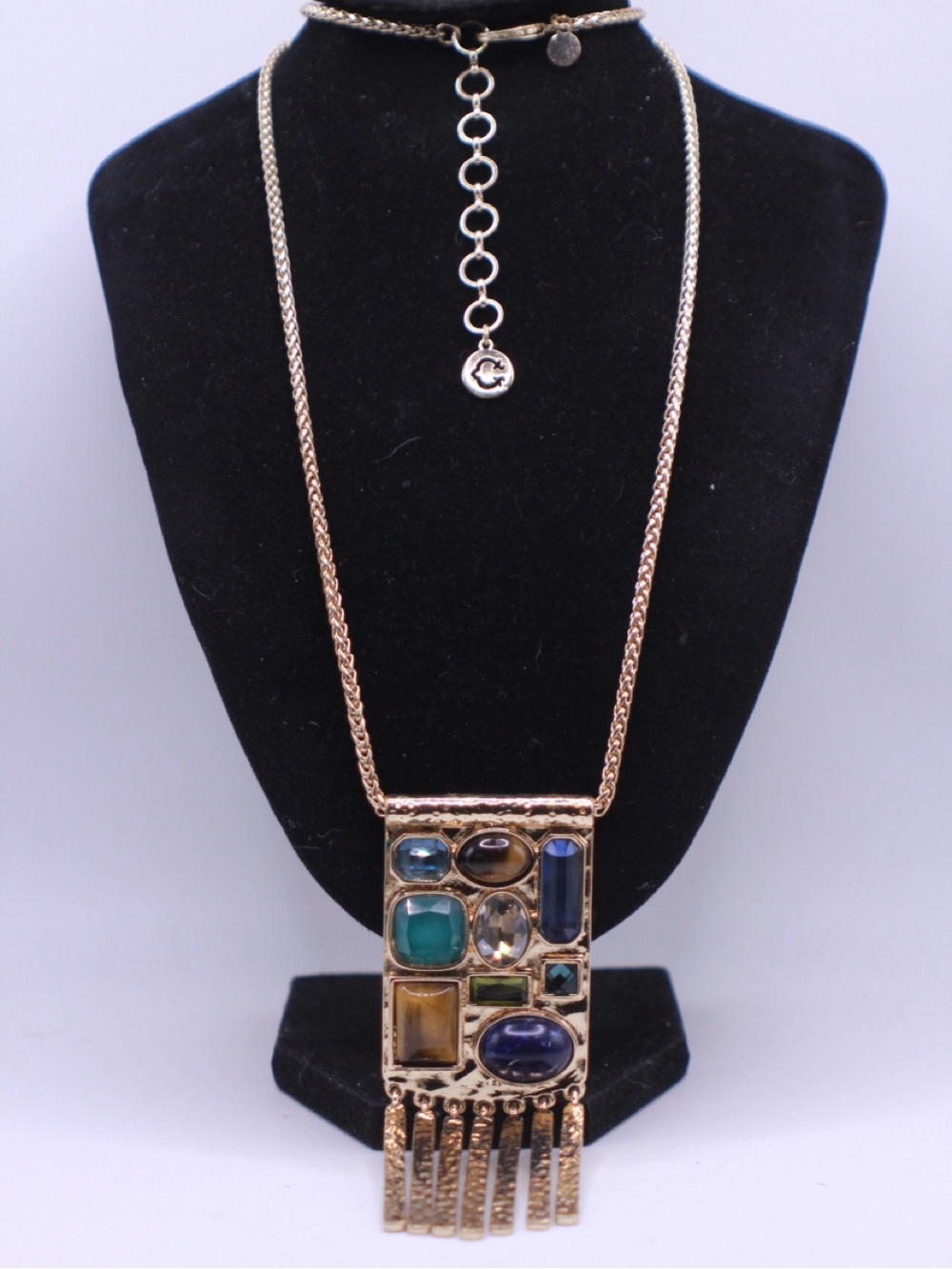 C Wonder stone Pendant Necklace Southwest style 28" Gold Tone